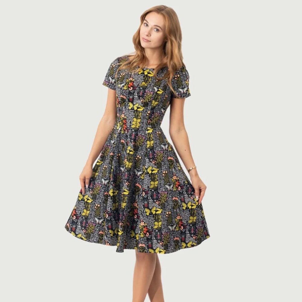 Black & Botanical Butterfly Print Swing Dress